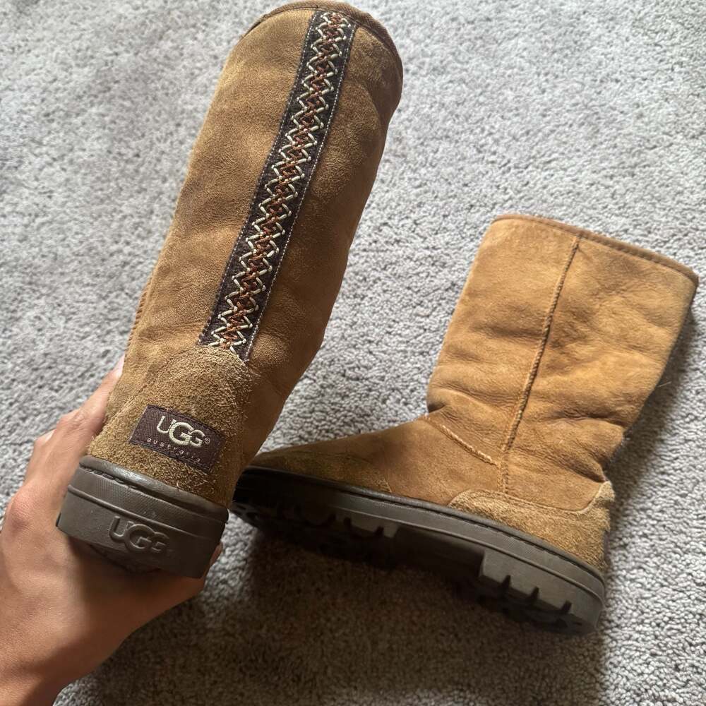 UGG Australia Chestnut Suede Sheepskin Tall Braid Boots